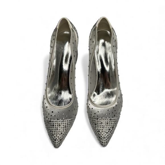 Silver Rhinestone Mesh Heels Women’s Block Wedding Shoes EU 38 / US 7.5 - Picture 9 of 14
